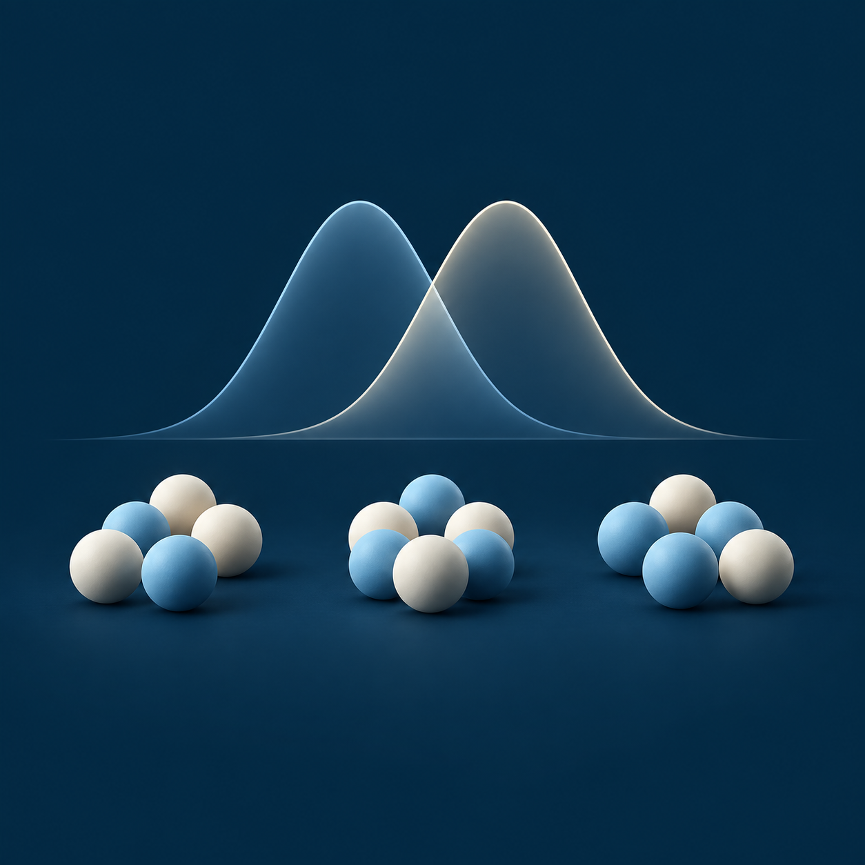 Conceptual illustration of stratified randomization: blue and ivory units grouped beneath two distribution curves